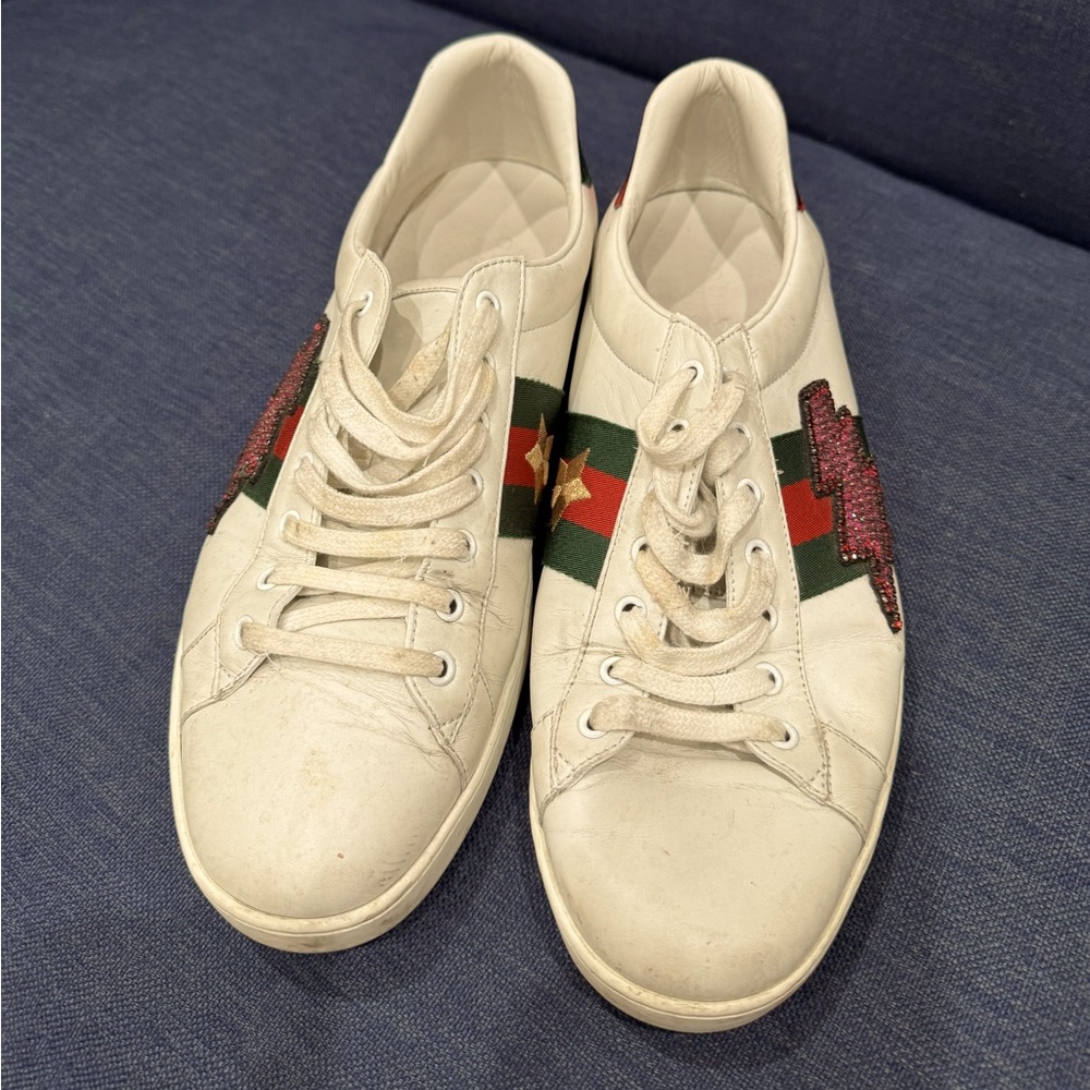 Gucci White Sneakers with Red and Green Accents